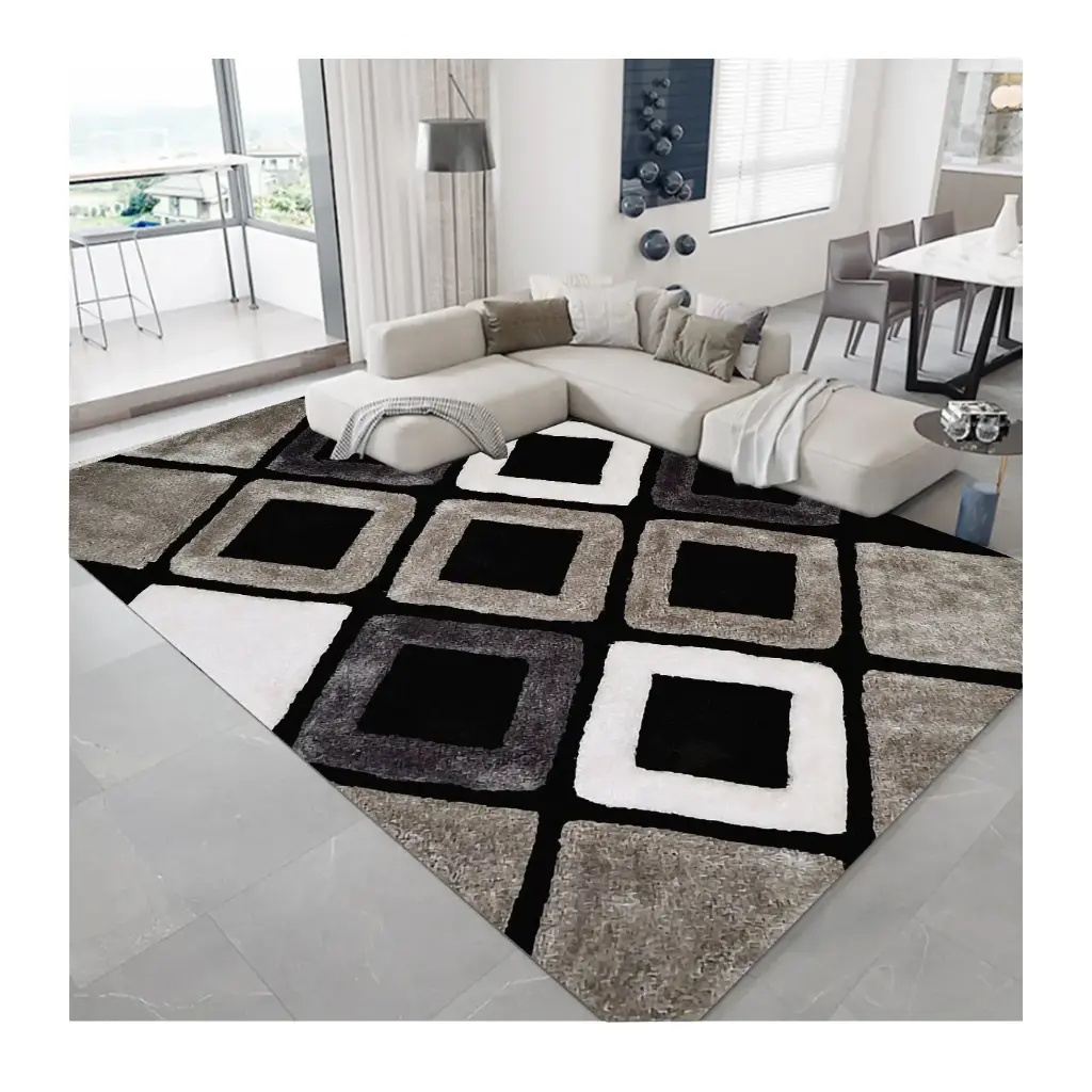 Modern Square Pattern Carpet– Black, Grey and White Colors Geometric Rug Sw