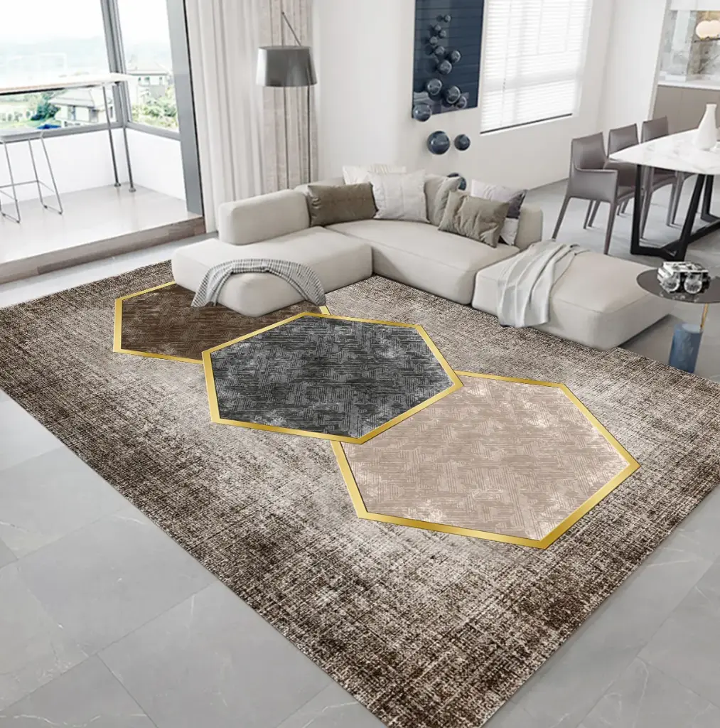 Hexagon Brown Grey Beige Carpet Gold Detail Modern Rug Sw