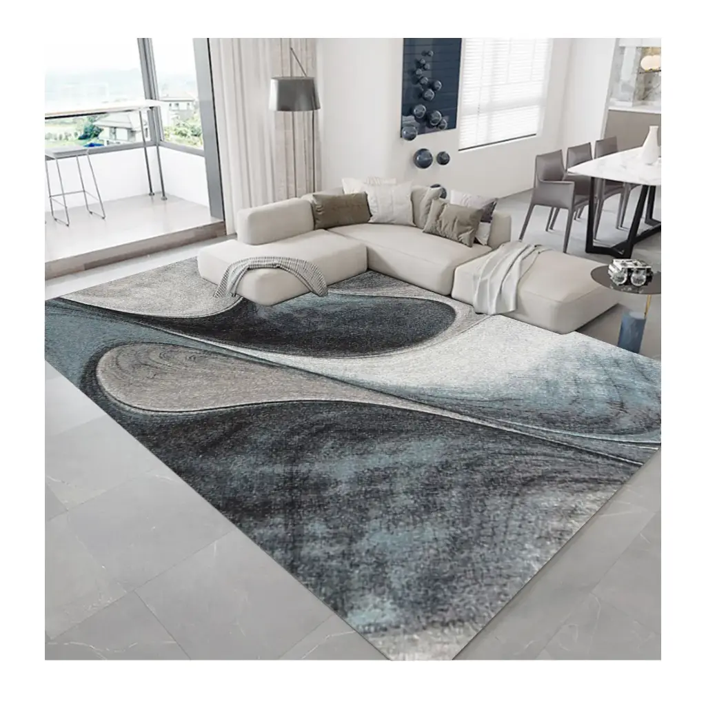 Modern Wave Pattern Rug – Artistic Design in Grey, Black and Blue Tones Sw