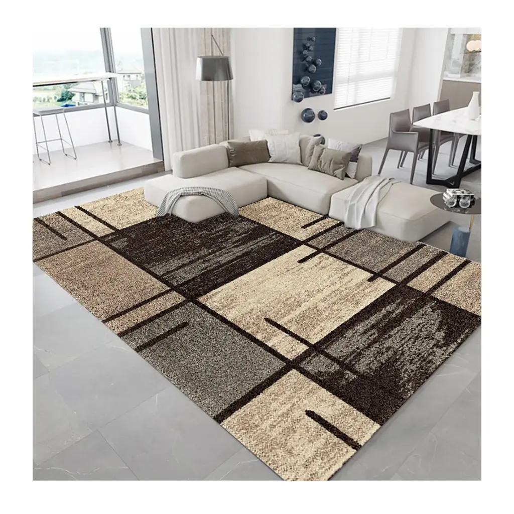 [S63muaz160x230] Modern Square and Line Pattern Rug – In Beige and Brown Tones Carpet Sw (160cm x 230cm ( 5.25ft x 7.55ft ))