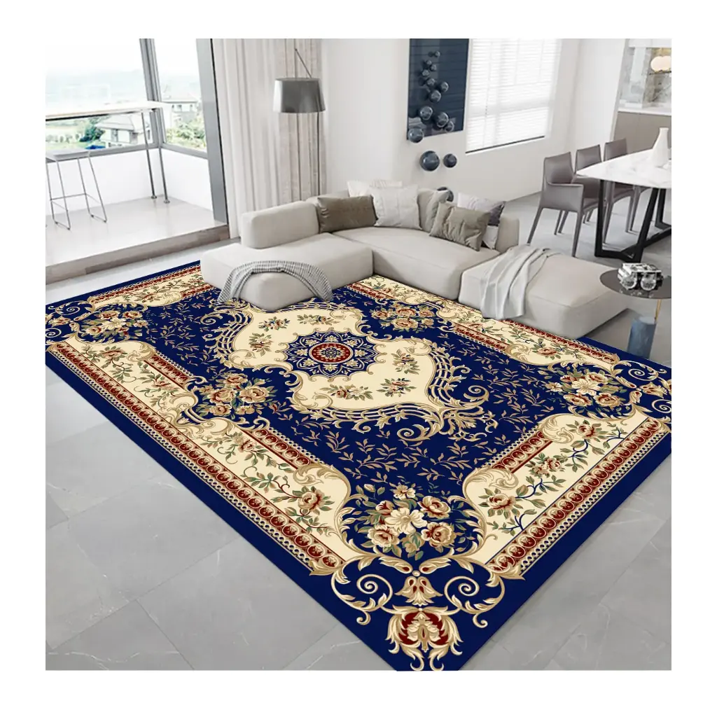 Classic European Style Carpet Navy Blue and Cream Floral Pattern Rug Sw