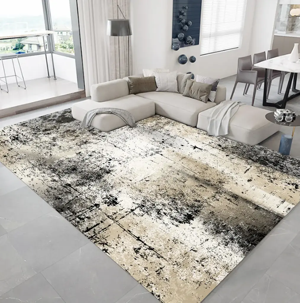 Abstract Modern Rug – Stylish Design in Black, Beige and Grey Brush Stroke Effect Carpet Sw
