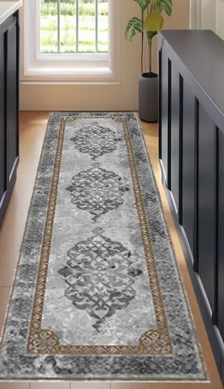 [SH14muaz80x200] Traditional Style Gray Hallway Runner Rug – Gold Border Carpet Sw (80cm x 200cm ( 2.62 ft x 6.56 ft ))