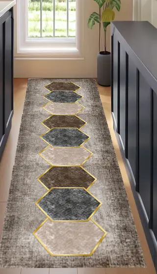 [SH15muaz80x200] Brown and Gray Color Hallway Runner Modern Hexagon Pattern Carpet Sw (80cm x 200cm ( 2.62 ft x 6.56 ft ))