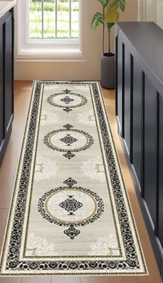 [SH17muaz80x200] Gold Accented Cream Runner Rug – Enriched with Black Patterns Hallway Carpet Sw (80cm x 200cm ( 2.62 ft x 6.56 ft ))