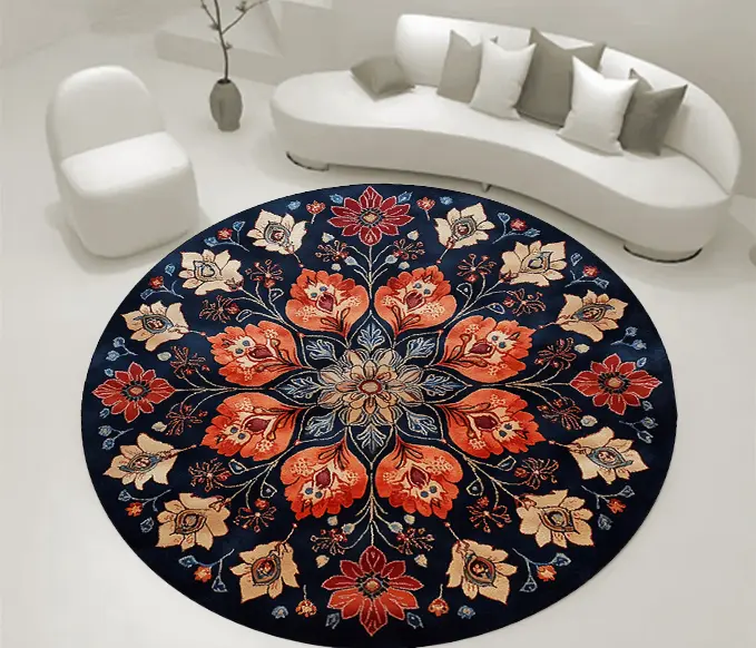 Mandala Floral Round Rug – Red Accents on Navy Background Circle Carpet Sw