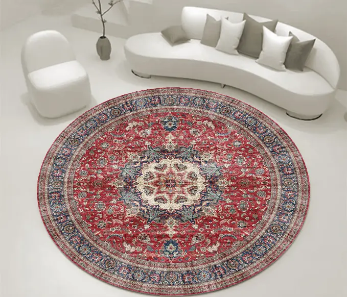 Oriental Medallion Round Shape Carpet Red & Navy Accents Circle Rug Sw