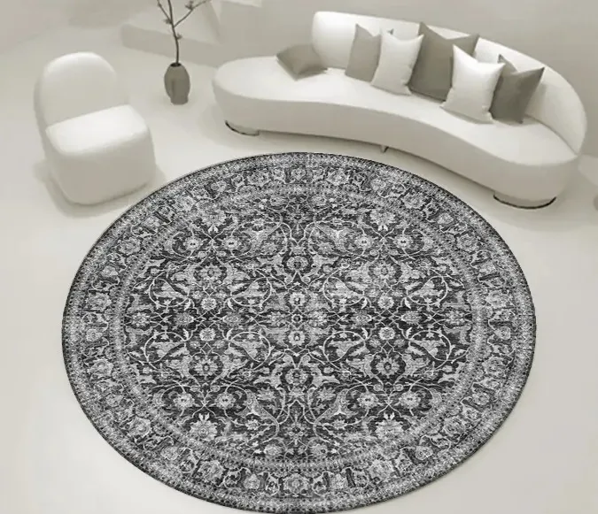 [SR09muaz140x140] Black Vintage Round Rug – Grey Medallion Pattern Circle Carpet Sw (140cm x 140cm ( 4.6ft x 4.6ft ))