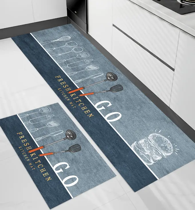 [SK15muazK] Fresh Kitchen Mat Set – Blue Non-Slip Anti-Fatigue Mats (2 Pieces) Mf