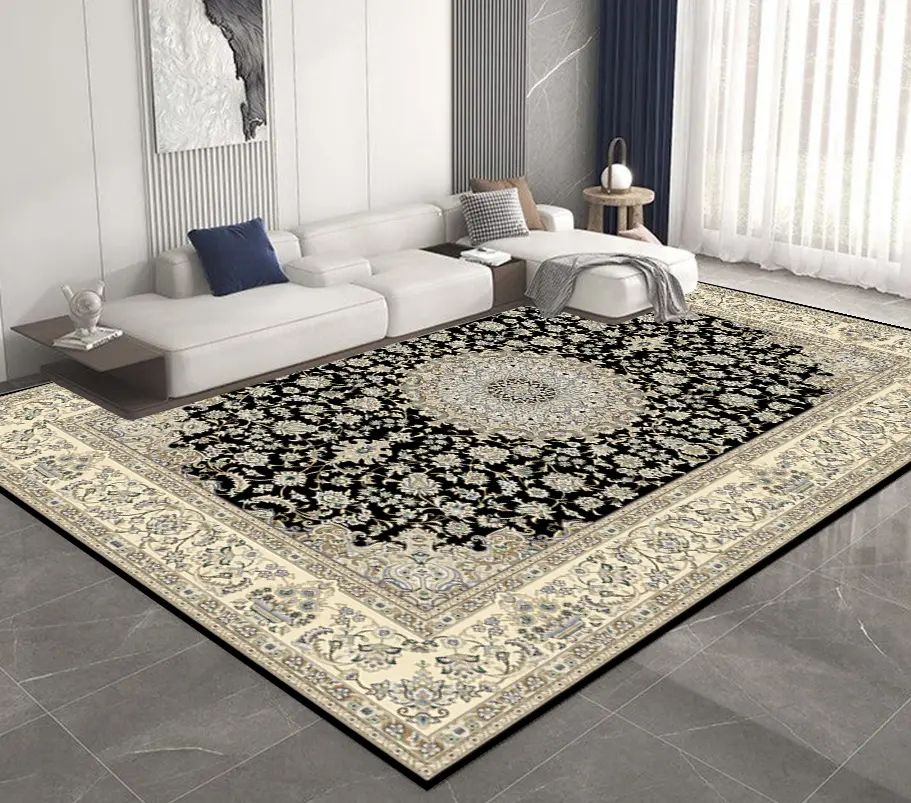 [Cas02muaz160x230] Cream Border Black Floral Rug – Cashmere Feel Carpet (160cm x 230cm ( 5.25ft x 7.55ft ))