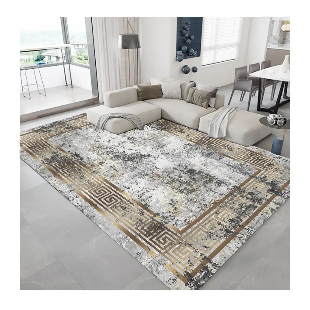 Greek Key Rug with Gold Border Brown – Modern Brush Effect Cashmere Feel Carpet