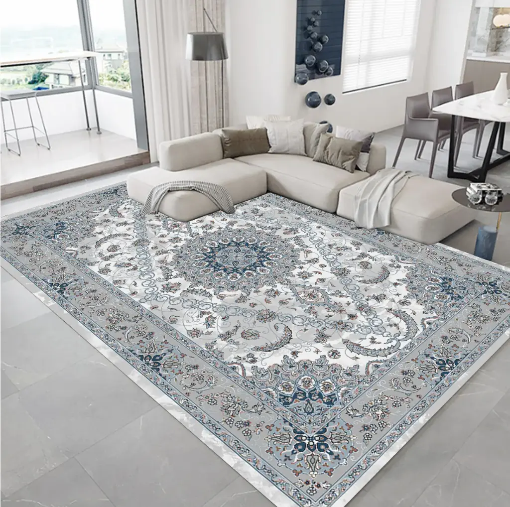 Elegant Blue Silver Vintage Rug – Persian Style on Light Grey Base Cashmere Feel Carpet