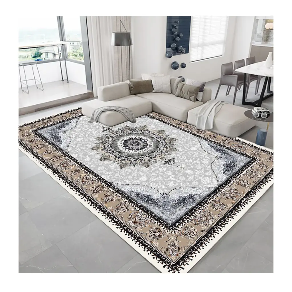 Beige Bordered Traditional Rug – Light Gray with Central Medallion Cashmere Feel Carpet