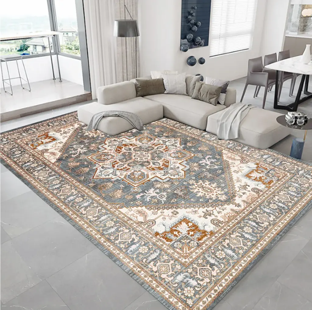 [Cas28muaz160x230] Vintage Anatolian Motif Rug – Blue Beige and Cinnamon Colors Cashmere Feel Carpet (160cm x 230cm ( 5.25ft x 7.55ft ))