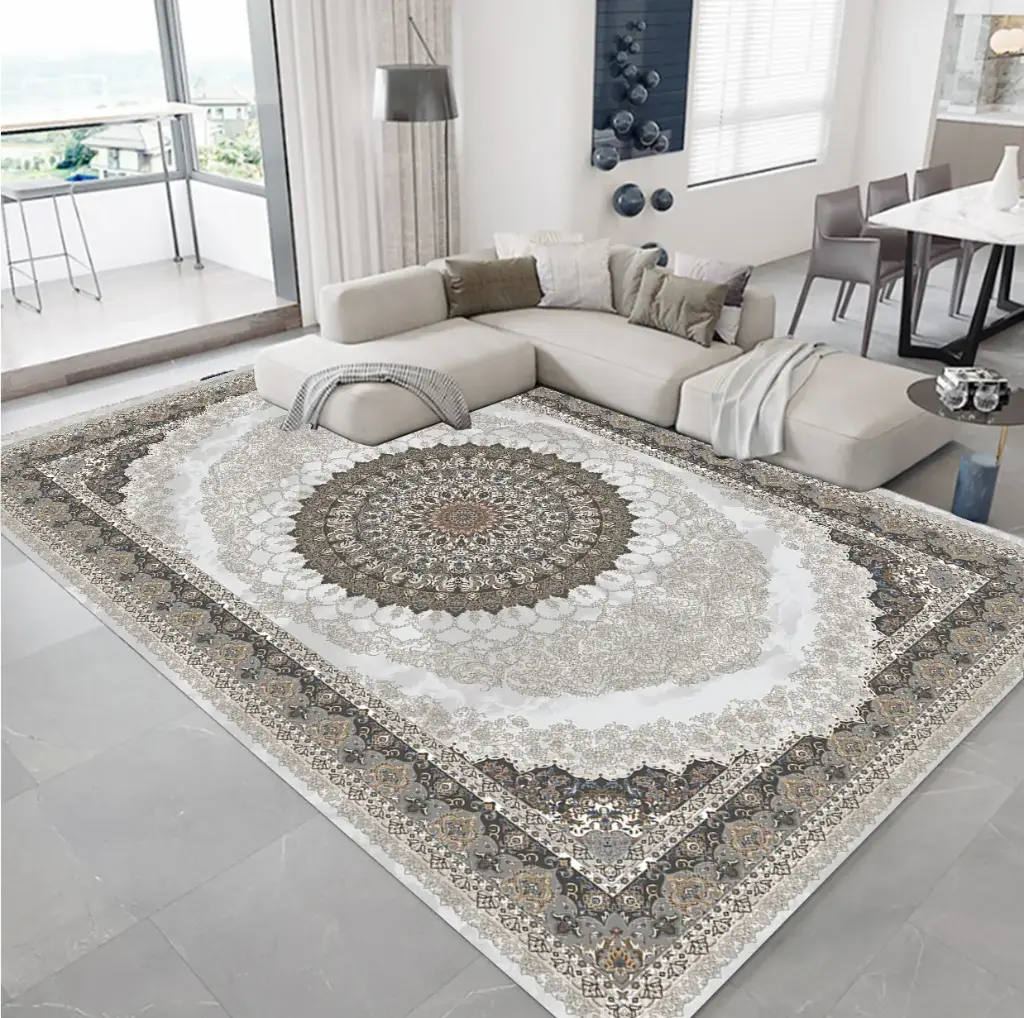 [Cas31muaz160x230] Elegant Circular Medallion Rug – Cream and Grey Tones Cashmere Feel Carpet (160cm x 230cm ( 5.25ft x 7.55ft ))