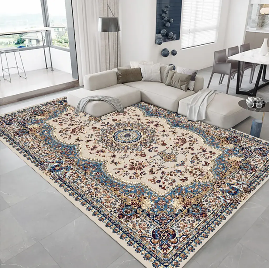 Classic Persian Style Rug – Blue and Beige Motifs Cashmere Feel Carpet