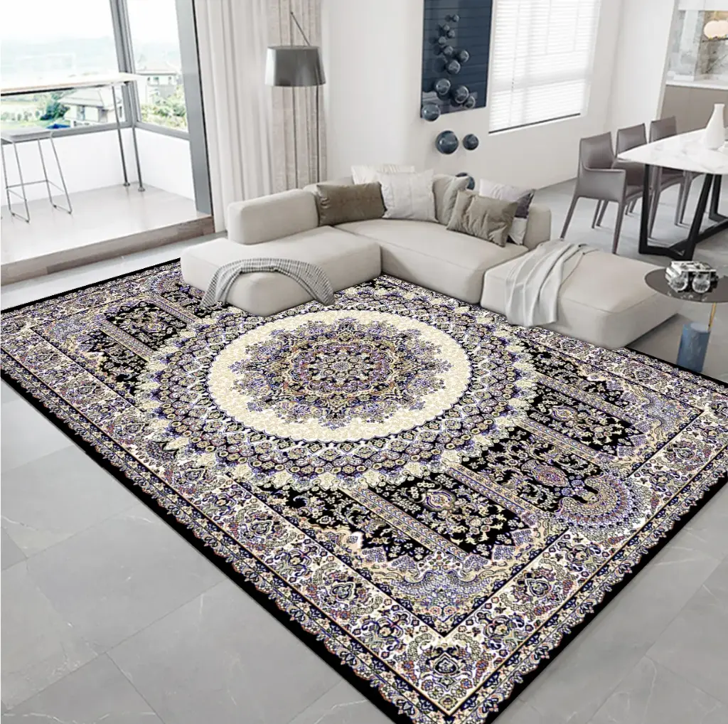 [Cas34muaz160x230] Persian Style Luxury Medallion Rug with Black Base – Purple and Cream Details Cashmere Feel Carpet (160cm x 230cm ( 5.25ft x 7.55ft ))