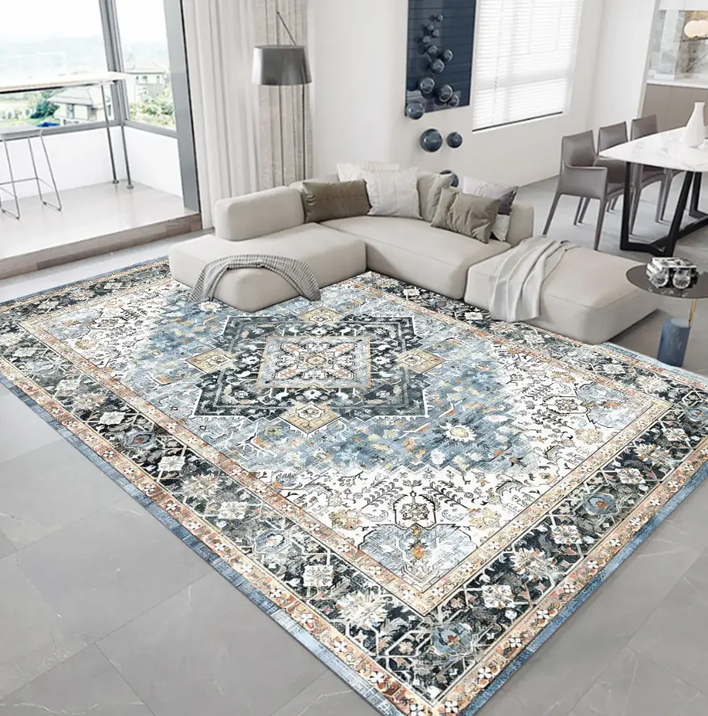 Blue Traditional Rug with Diamond Medallion Carpet Sw