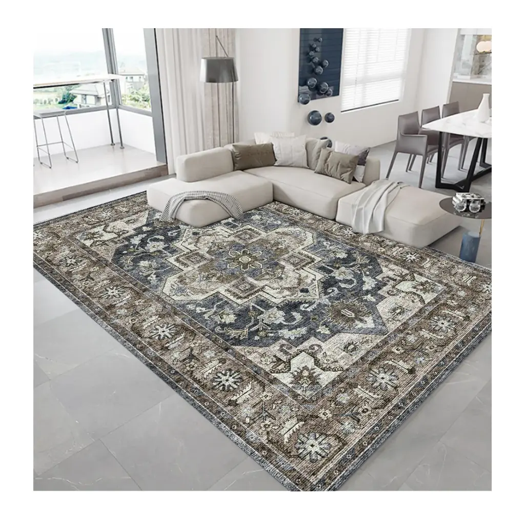 Caucasian Style Grey & Blue Rug Medallion Center Elegant Carpet Sw