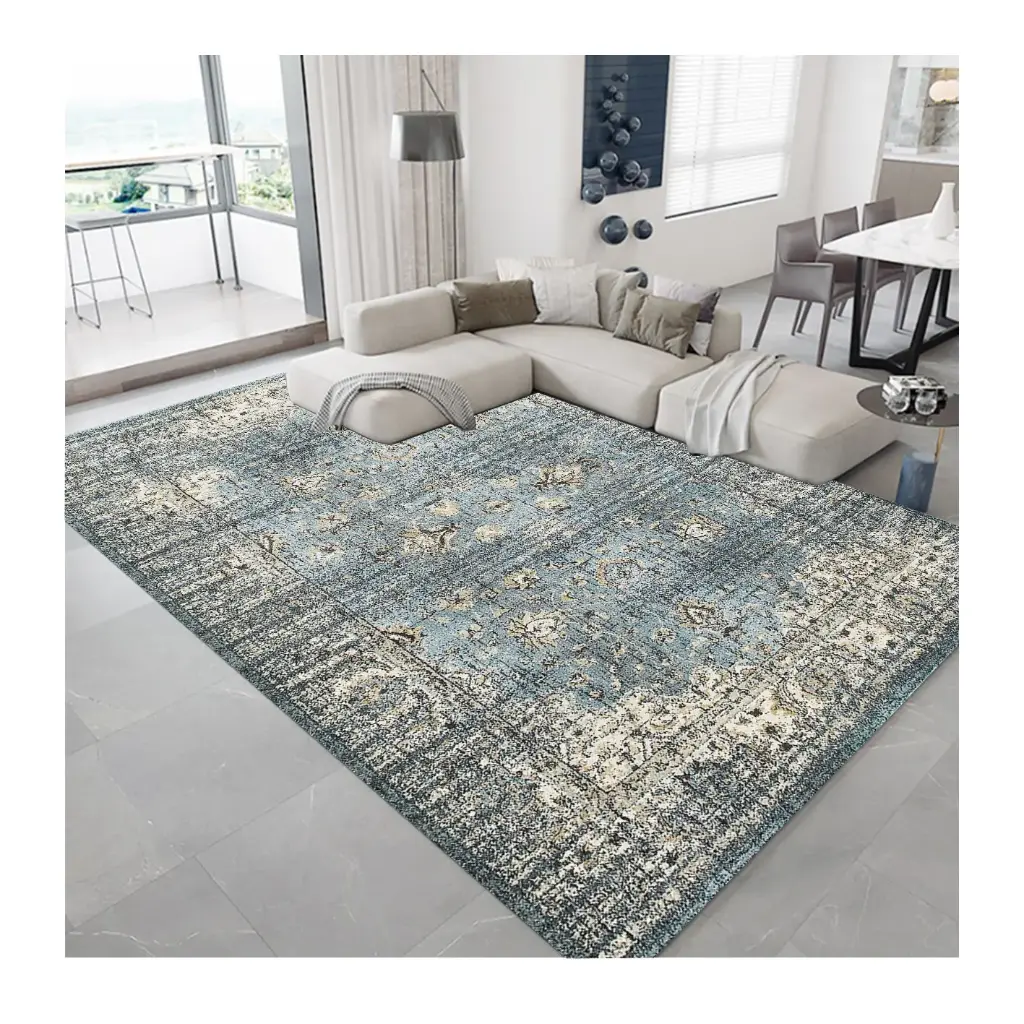Distressed Light Blue Cream Rug – Vintage Carpet Sw