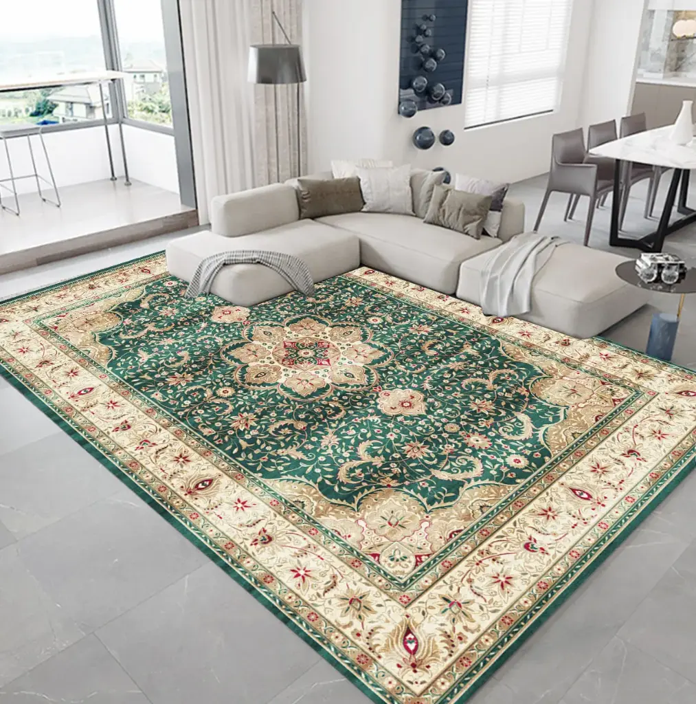 Green Vintage Rug – Cream Border with Floral Medallion Design Carpet Sw