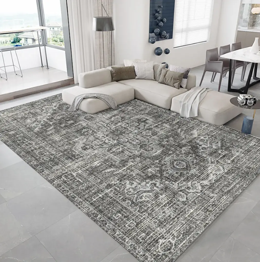 [S82muaz120x160] Vintage Grey Rug – Faded Eastern Motif Carpet Sw (120cm x 160cm ( 3.94ft x 5.25 ft ))