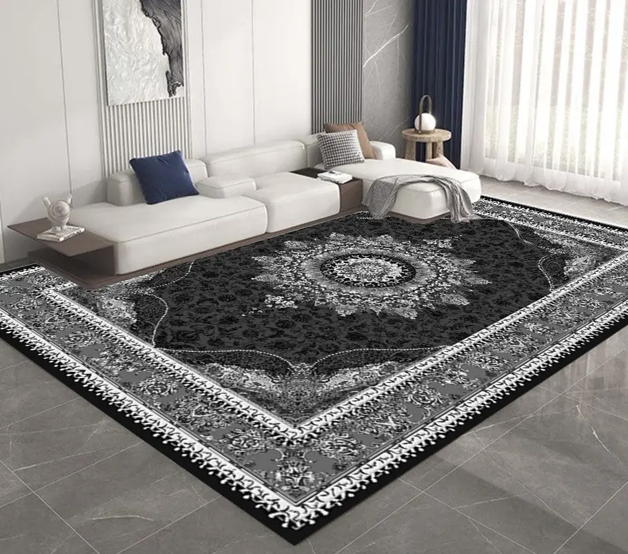 [Cas01muaz160x230] Elegant Black & White Medallion Rug – Cashmere Feel Carpet (160cm x 230cm ( 5.25ft x 7.55ft ))