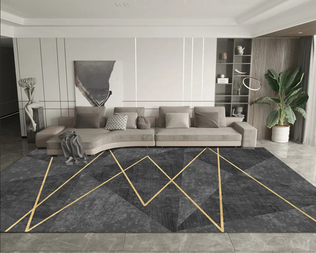 Modern Zigzag Gray and Gold Line Rug Dark Grey Carpet Sw
