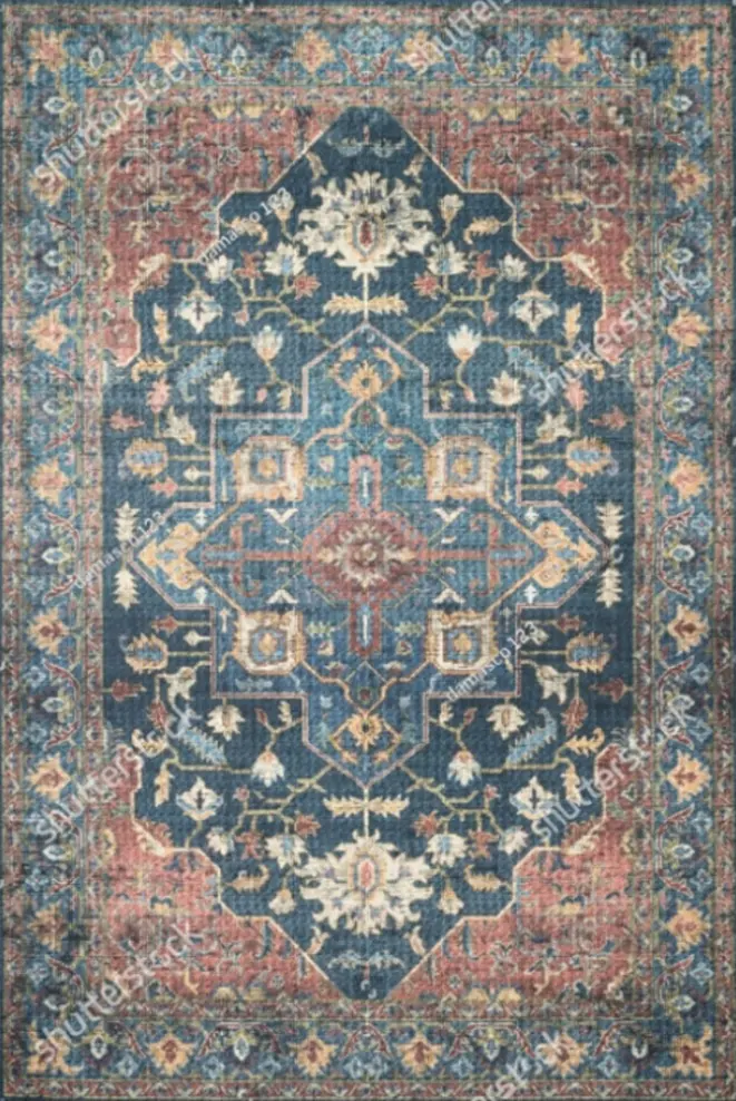 Vintage Blue and Rust Rug Persian Style Area Carpet Sw