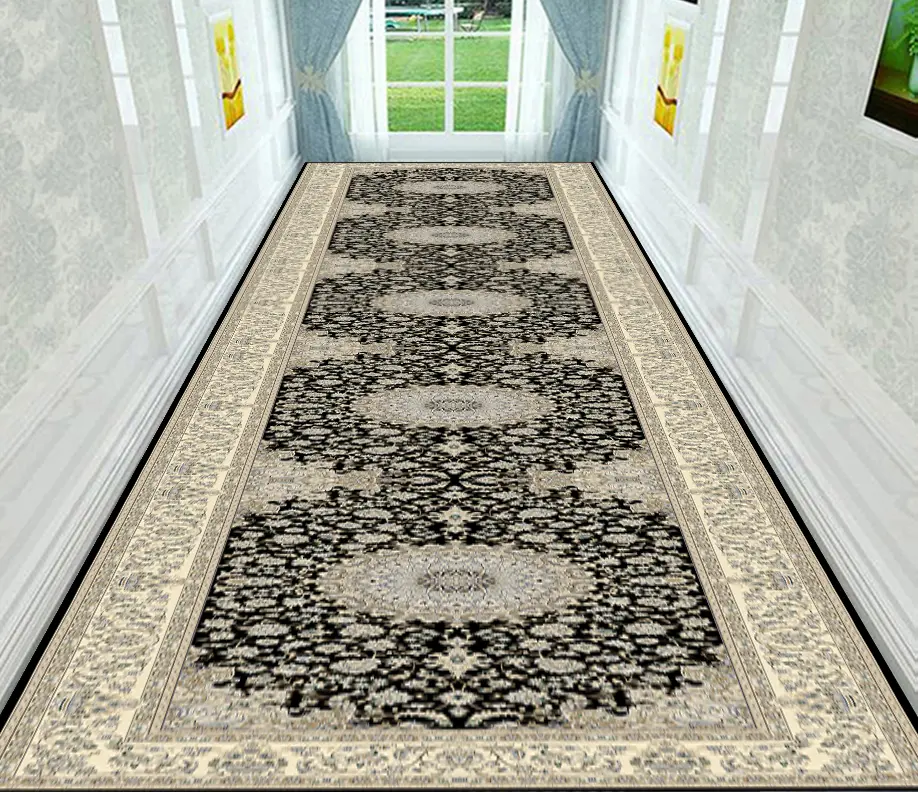 Classic Black-Cream Runner Carpet Floral Medallion Persian Style Hallway Rug