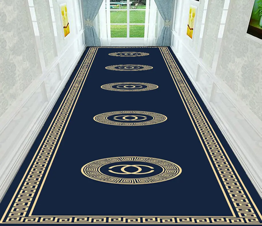 Luxury Style Navy Blue-Gold Hallway Rug Golden Navy Pathway Runner Carpet Sw