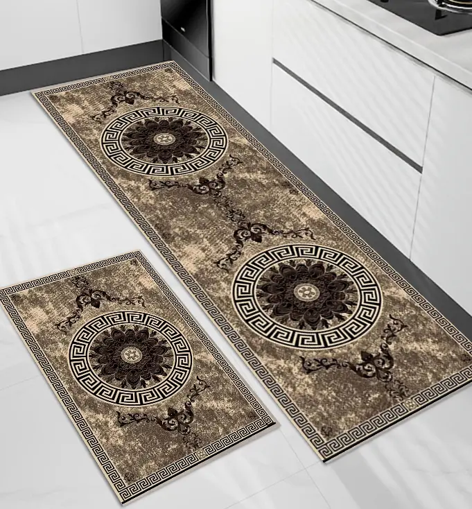 [SK10muazK] Antique Design Brown-Beige Kitchen Mat Set 50*80+50*160cm Mf