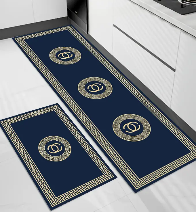 Navy Blue-Gold Kitchen Mat Set 50*80+50*160cm Mf