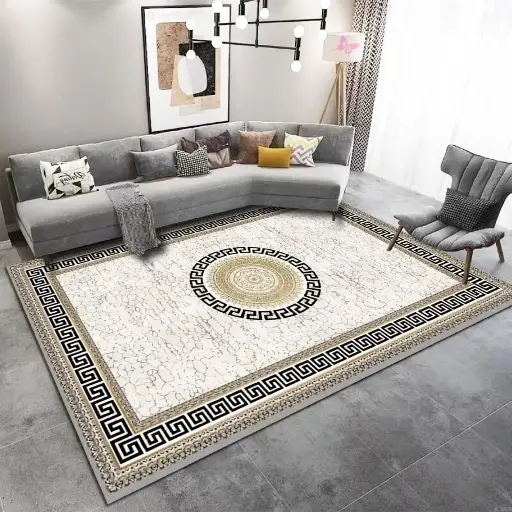 Marble Design Medallion Rug White-Gold-Black Style Carpet Sw