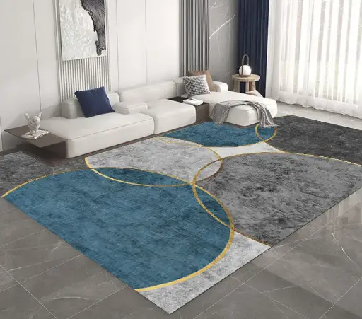 Modern Circle Design Rug Blue-Gray Carpet with Gold Accents Sw