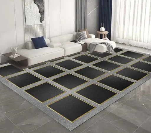 Modern Black-Gold Grid Rug Black Square Pattern Carpet Sw
