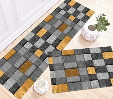 [SK01muazK] Golden-Grey Grid Kitchen Mat Set 50*80+50*160cm Mf