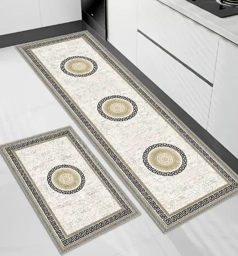 [SK09muazK] Marble Design White-Gold Kitchen Mat Set 50*80+50*160cm Mf