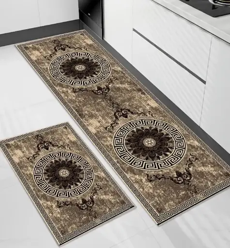 [SK10muazK] Antique Design Brown-Beige Kitchen Mat Set 50*80+50*160cm Mf