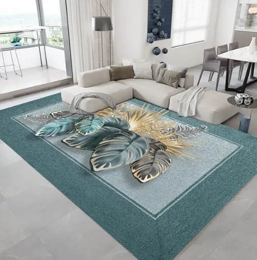 [S52muaz200x300] Tropical Leaf Carpet – Blue and Gold Design Rug Sw
