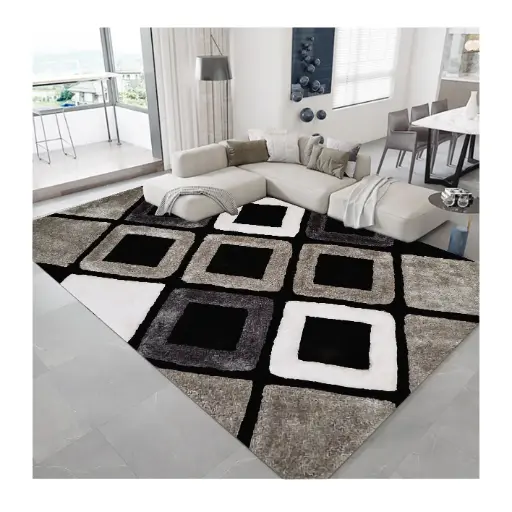 Modern Square Pattern Carpet– Black, Grey and White Colors Geometric Rug Sw
