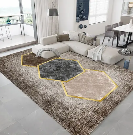 Hexagon Brown Grey Beige Carpet Gold Detail Modern Rug Sw
