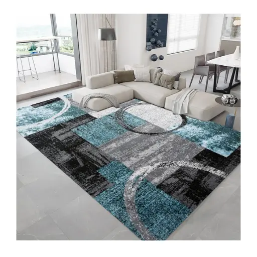 [S58muaz200x300] Circle and Square Pattern Carpet Turquoise, Grey and Black Colors Sw