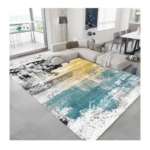 Abstract Brush Stroke Rug – Artistic Design with Yellow and Blue Tones Colorful Carpet