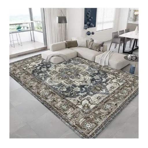 Caucasian Style Grey & Blue Rug Medallion Center Elegant Carpet Sw