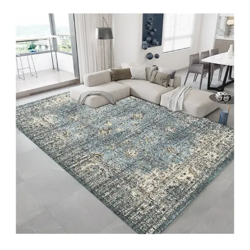 Distressed Light Blue Cream Rug – Vintage Carpet Sw