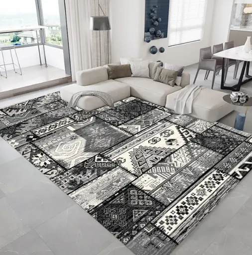 [S76muaz200x300] Black & White Patchwork Rug – Ethnic Patterned Carpet