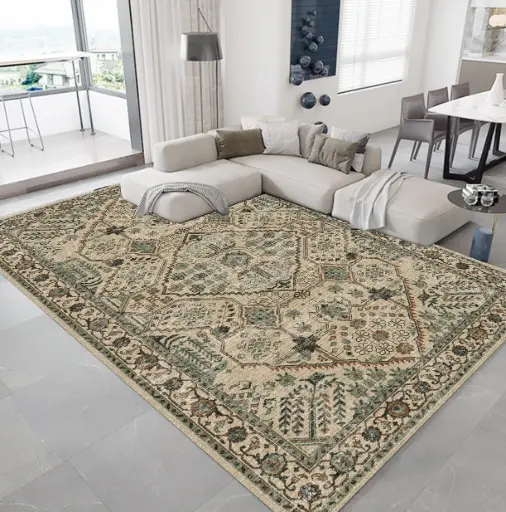 Vintage Green Beige Classic Rug – Elegant Pattern in Natural Tones Carpet Sw