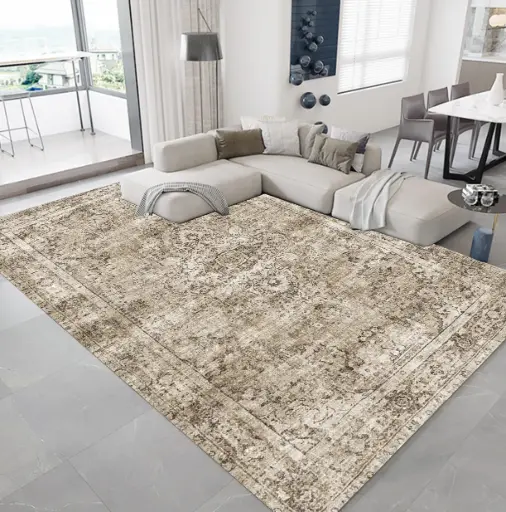 Classic Beige Rug – Elegant Faded Pattern with Vintage Look for Living Rooms Carpet Sw