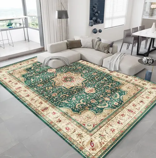 Green Vintage Rug – Cream Border with Floral Medallion Design Carpet Sw